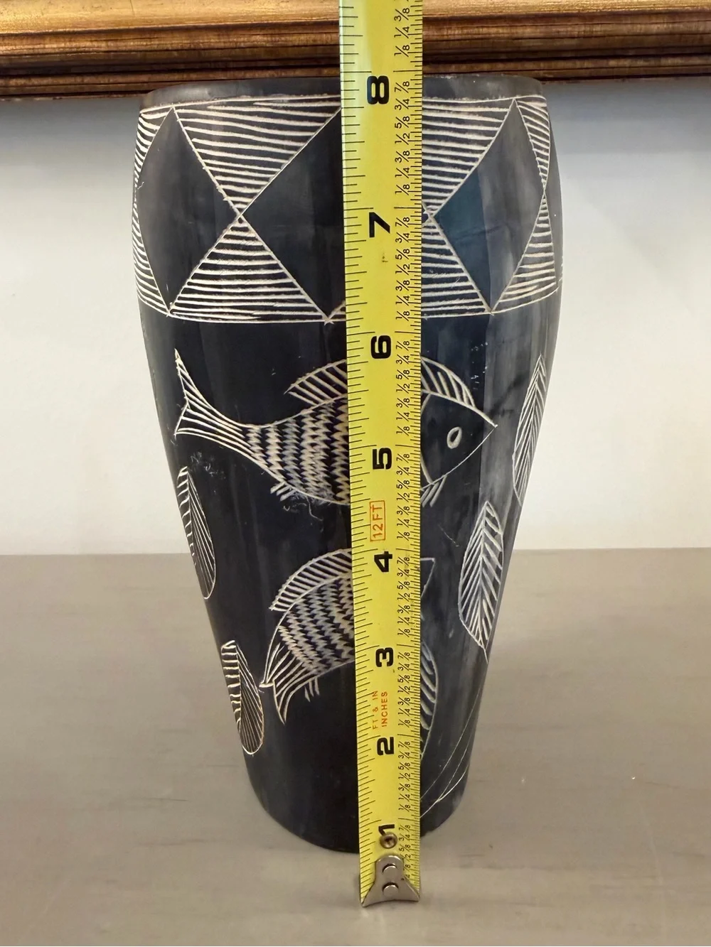 Hand Carved African Soapstone Vase Fish Plants Black White 8” Vessel